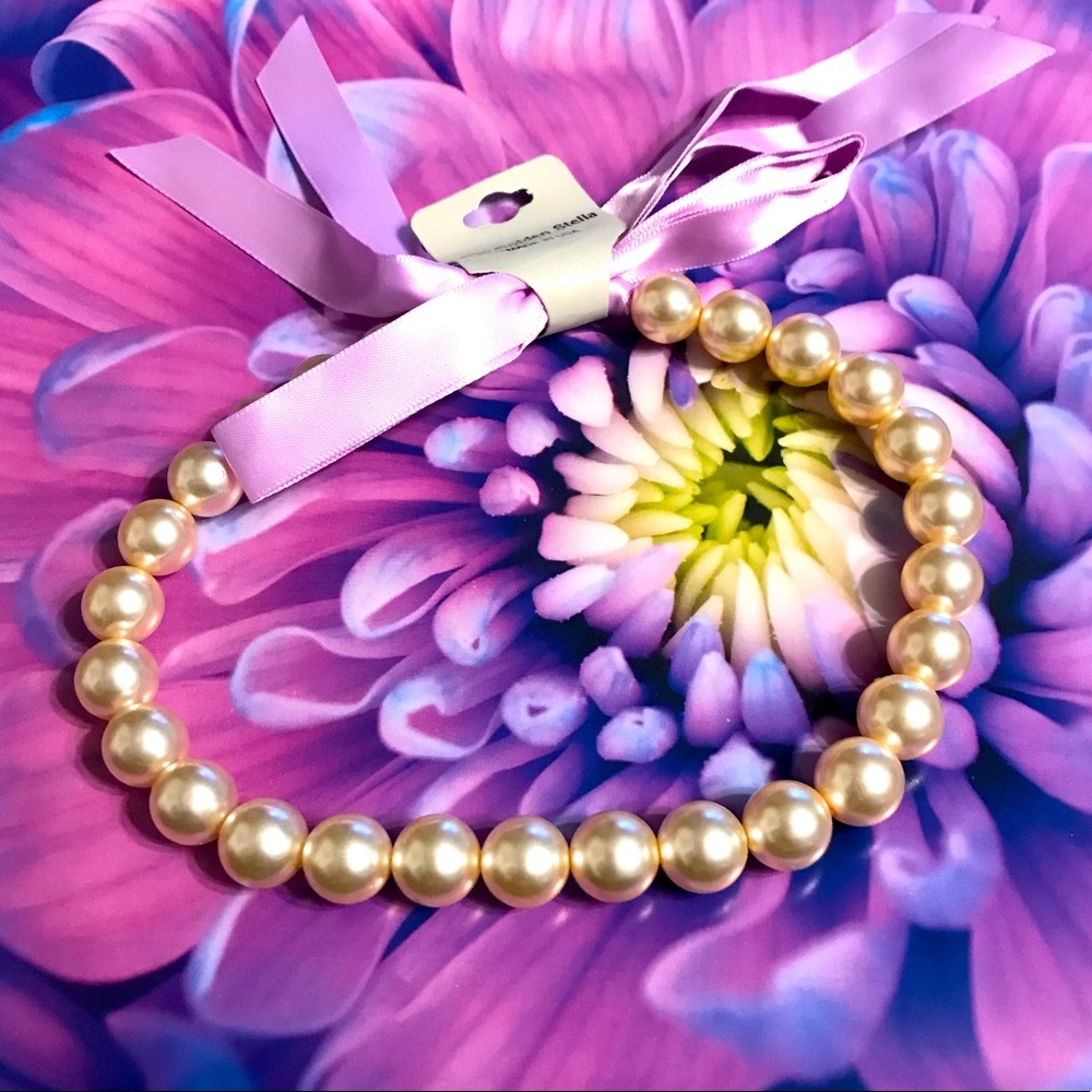 New Golden Stella Faux Pearl Beaded w/ Ribbon Tie Closure  Choker Necklace